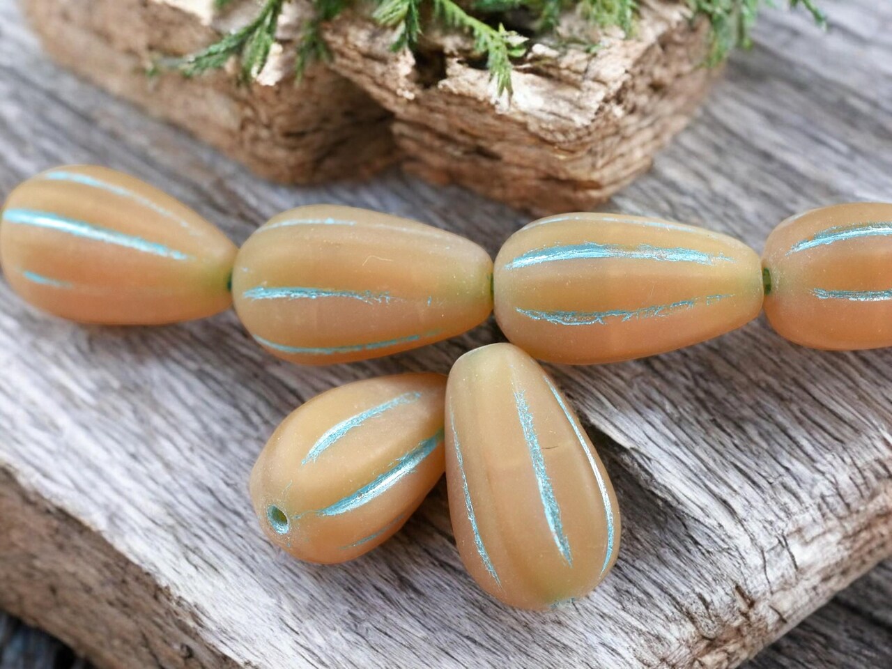 *6* 8x12mm Turquoise Washed Matte Beige Opal Melon Drop Beads